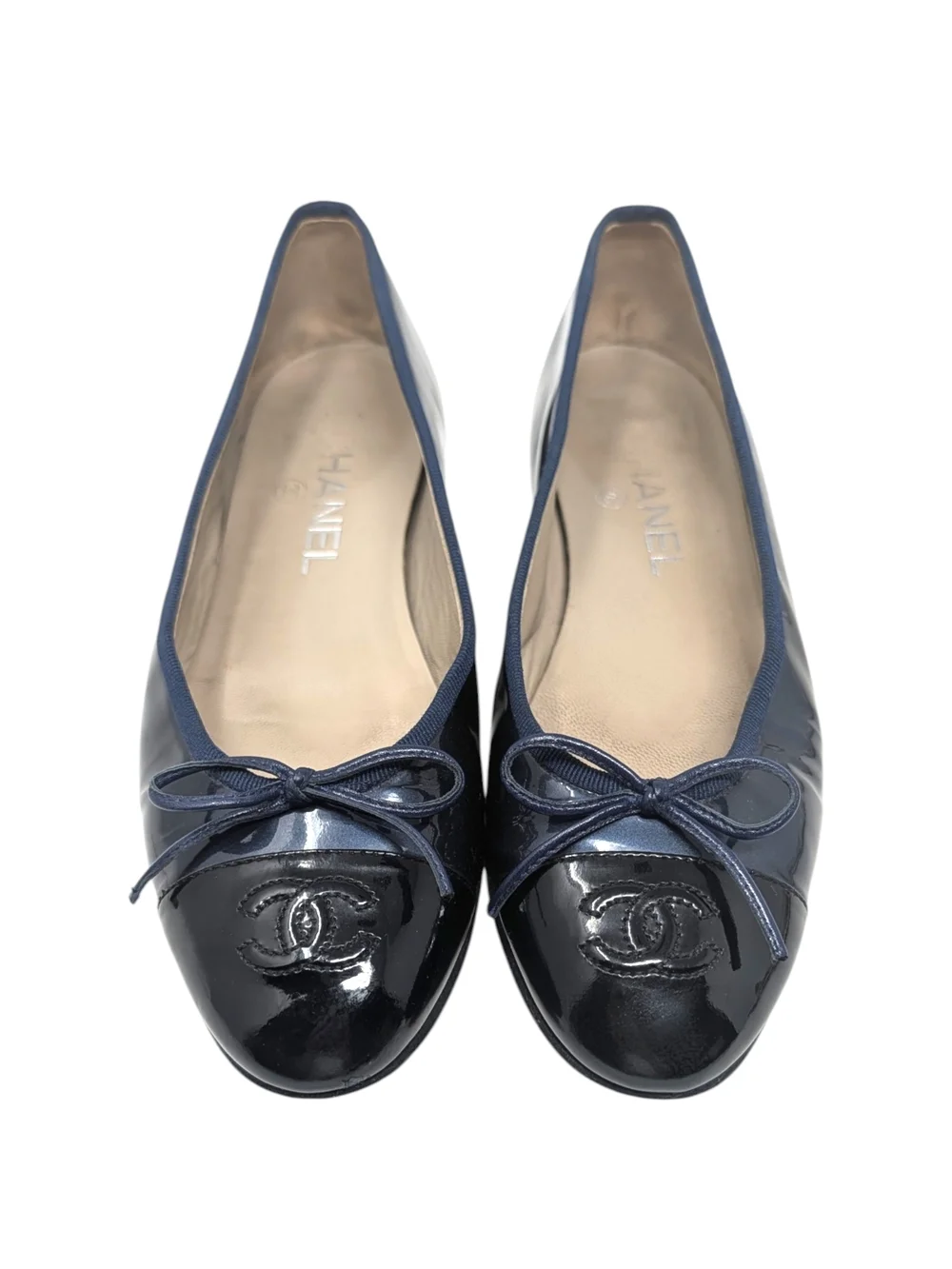 Chanel Ballet Flat Ballerina CC Logo Cap Toe Navy Blue Black Patent 37 | 6.5